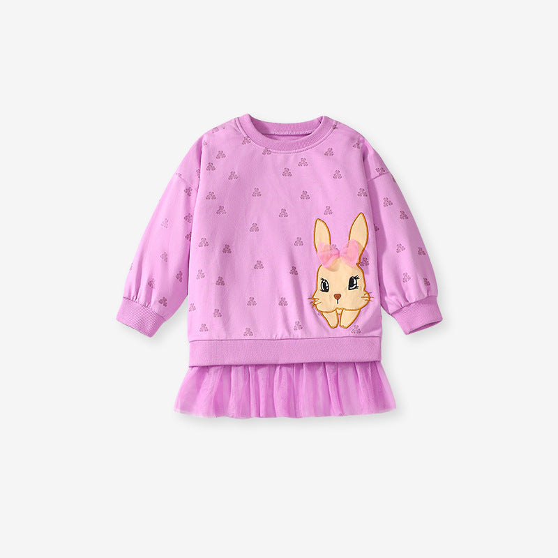 Spring And Autumn Girls Cute Cartoon Rabbit Pattern Long Sleeves Top Dress And Pants Clothing Set-2