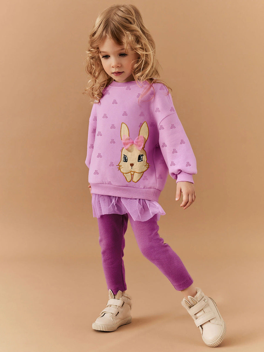 Spring And Autumn Girls Cute Cartoon Rabbit Pattern Long Sleeves Top Dress And Pants Clothing Set-4