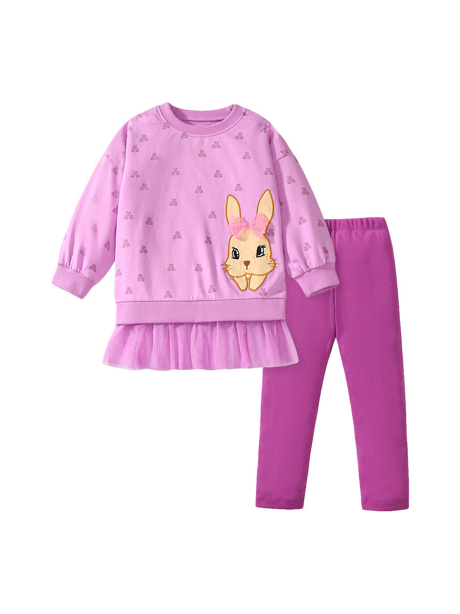 Spring And Autumn Girls Cute Cartoon Rabbit Pattern Long Sleeves Top Dress And Pants Clothing Set-0