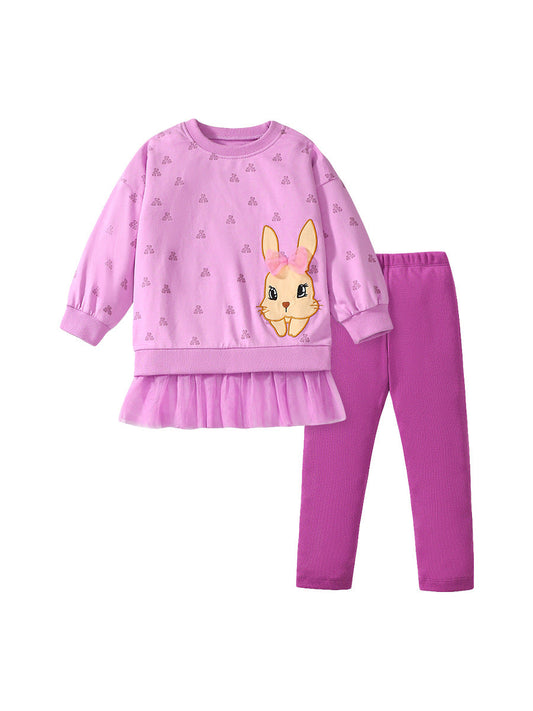 Spring And Autumn Girls Cute Cartoon Rabbit Pattern Long Sleeves Top Dress And Pants Clothing Set-0