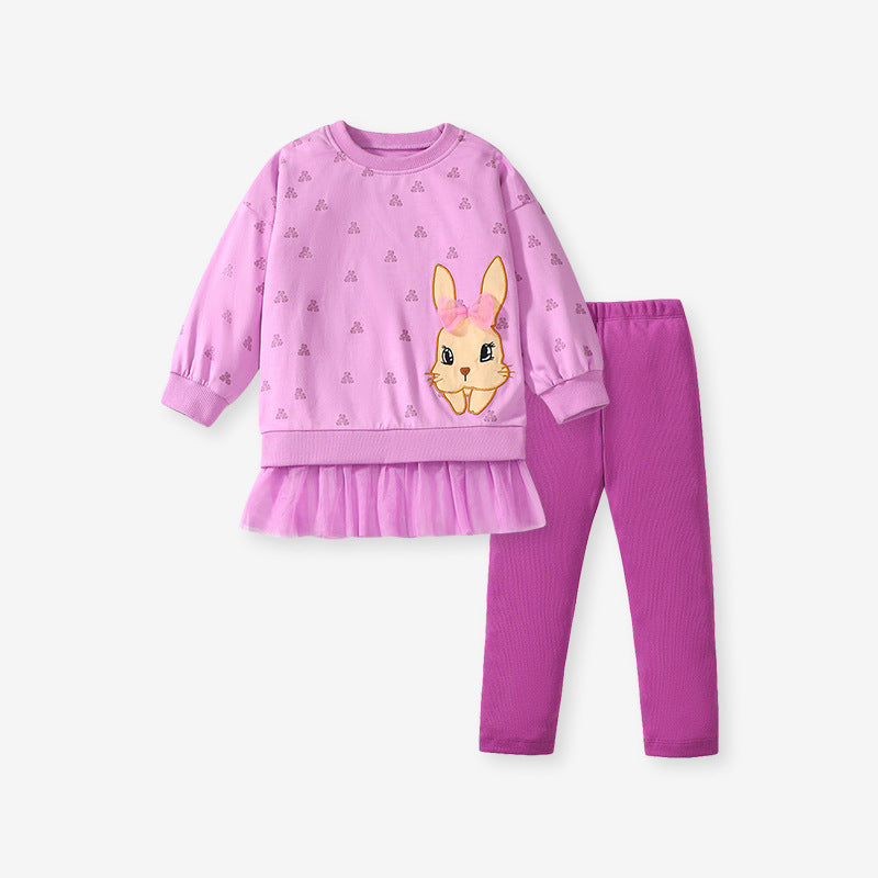 Spring And Autumn Girls Cute Cartoon Rabbit Pattern Long Sleeves Top Dress And Pants Clothing Set-1