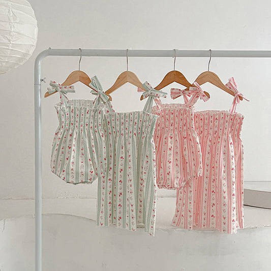 Design Summer Girls Floral Striped Sleeveless Strap Onesies And Dress – Sister Matching Clothing Set-0